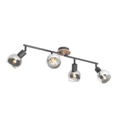 Bester Verkauf 😀 QAZQA Plafondlamp zwart met smoke glas en hout 4-lichts - Vidro ✨