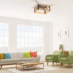 Budget 🤩 Paul Neuhaus Industrielle Deckenleuchte schwarz mit Holz 4-Licht - Krati 😉