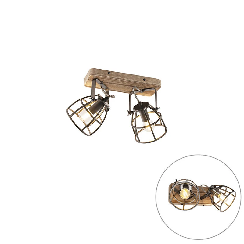 Auslauf 👍 QAZQA Industriestrahler schwarz mit Holz verstellbar 2-Licht - Arthur ❤️ 2 Auslauf 👍 QAZQA Industriestrahler schwarz mit Holz verstellbar 2-Licht - Arthur ❤️ – Bild 2