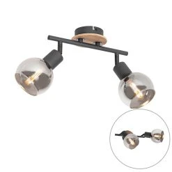 Besorgen 🔥 QAZQA Deckenleuchte schwarz mit Rauchglas und Holz 2-flammig - Vidro 👍