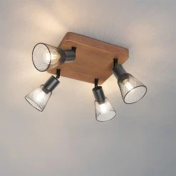 Budget 🎉 QAZQA Industriële spot zwart met hout 4-lichts - Kristina 💯 -Deckenleuchten Verkaufs-Shop 5313 105636 10