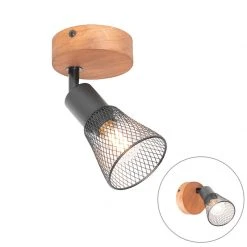 Bestpreis 🎁 QAZQA Industrieller Spot schwarz mit Holz - Kristina 🔥