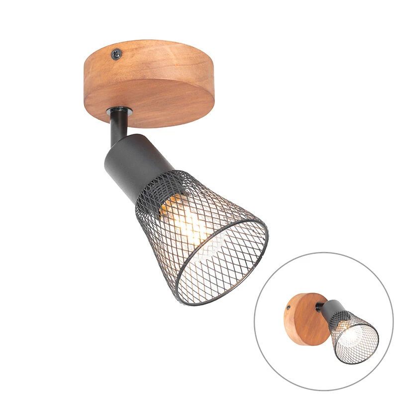 Bestpreis 🎁 QAZQA Industrieller Spot schwarz mit Holz - Kristina 🔥 1 Bestpreis 🎁 QAZQA Industrieller Spot schwarz mit Holz - Kristina 🔥