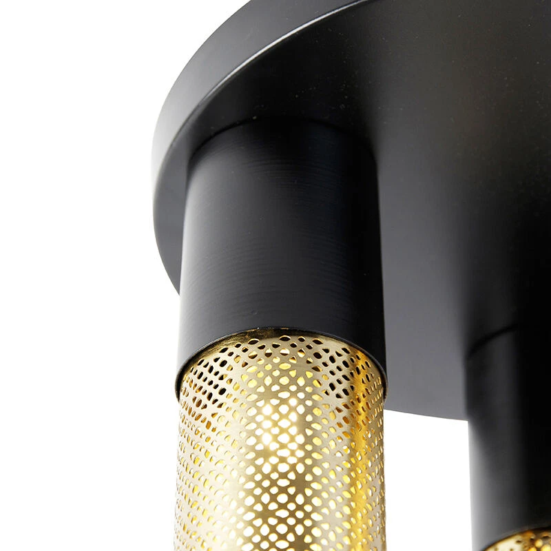Billig 👍 QAZQA Industrielle Deckenlampe schwarz mit goldenem rundem 3-Licht - Raspi ✨ 2 Billig 👍 QAZQA Industrielle Deckenlampe schwarz mit goldenem rundem 3-Licht - Raspi ✨ – Bild 2