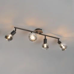 Bester Verkauf 😀 QAZQA Plafondlamp zwart met smoke glas en hout 4-lichts - Vidro ✨ -Deckenleuchten Verkaufs-Shop 5458 105598 10