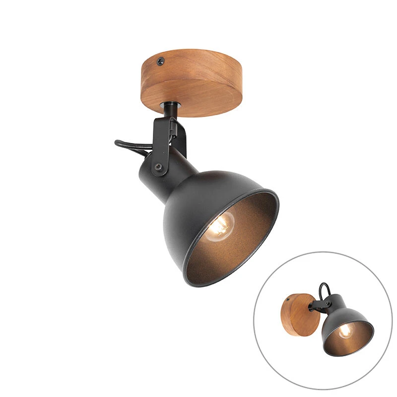 Brandneu 🎁 QAZQA Industrie-Spot schwarz mit Holz neigbar - Tommy 🎉 1 Brandneu 🎁 QAZQA Industrie-Spot schwarz mit Holz neigbar - Tommy 🎉