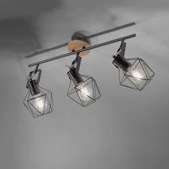 Budget 😀 Paul Neuhaus Industrielle Deckenleuchte schwarz mit Holz 3-Flammig - Sven 💯 -Deckenleuchten Verkaufs-Shop 6063 103755 6