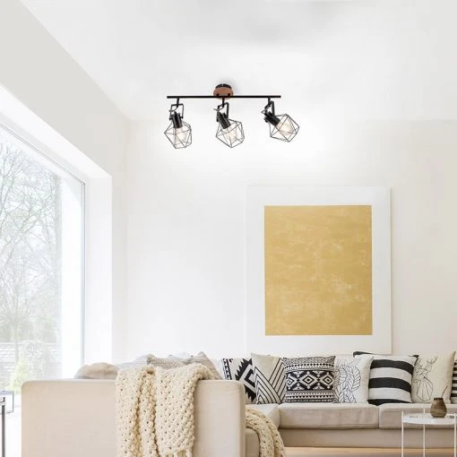 Budget 😀 Paul Neuhaus Industrielle Deckenleuchte schwarz mit Holz 3-Flammig - Sven 💯 -Deckenleuchten Verkaufs-Shop 6166 103755 0