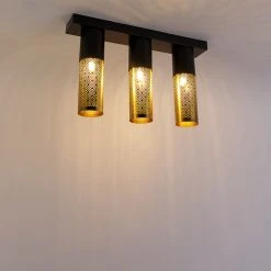 Top 10 👍 QAZQA Industrielle Deckenlampe schwarz mit goldenem länglichem 3-Licht - Raspi 👏 -Deckenleuchten Verkaufs-Shop 6972 104457 9