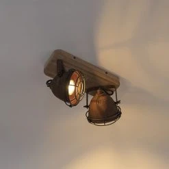 Budget 🤩 QAZQA Industriestrahler rostbraun mit Holz kippbar 2-Licht - Gina 🔥 -Deckenleuchten Verkaufs-Shop 7254 96673 12