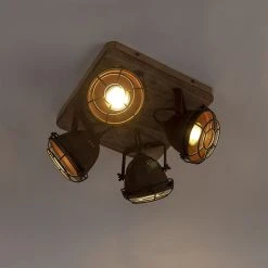 Blitzangebot 🎁 QAZQA Industriestrahler rostbraun mit Holz kippbar 4-Licht - Gina 💯 -Deckenleuchten Verkaufs-Shop 7663 96675 11