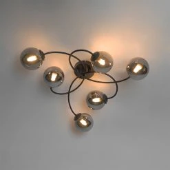 Brandneu 🎁 QAZQA Moderne Deckenleuchte schwarz 6-Lichter mit Rauchglas - Athen 💯 -Deckenleuchten Verkaufs-Shop 8014 103122 11