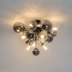 Neu 👏 QAZQA Deckenleuchte schwarz mit Rauchglas und klarem Glas 10-flammig - Bonnie ⌛ -Deckenleuchten Verkaufs-Shop 8721 104763 9