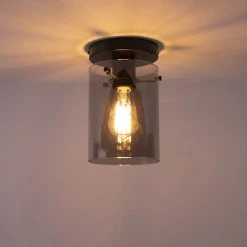 Bestpreis 🤩 QAZQA Design Deckenleuchte schwarz mit Rauchglas - Kuppel ❤️ -Deckenleuchten Verkaufs-Shop 9011 102215 8